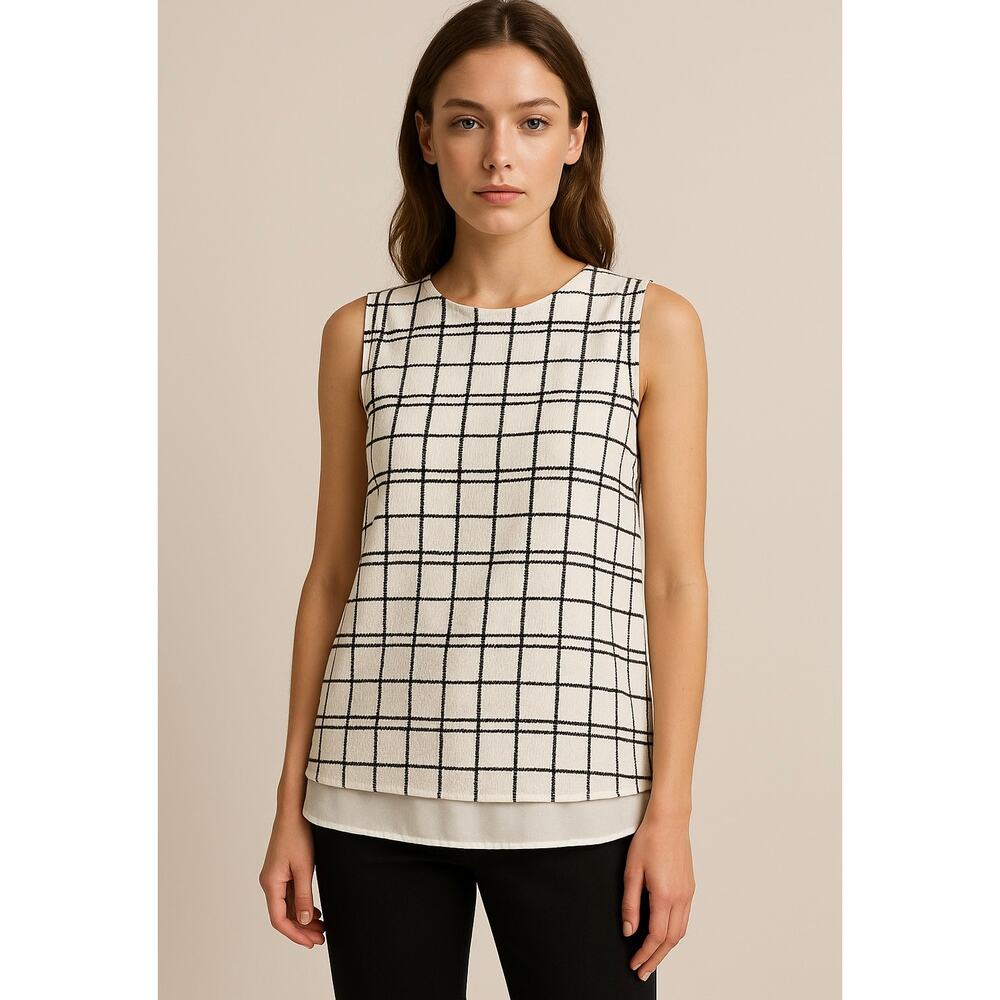 Skies Are Blue Sleeveless Grid Blouse‎ Size Small White Black Windowpane Top GUC